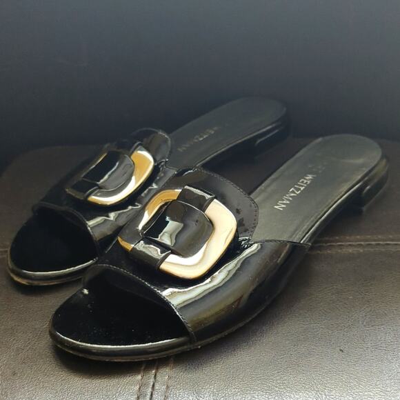Stuart Weitzman Odeon Patent Leather Black Buckle Slide On Sandal - Picture 1 of 5